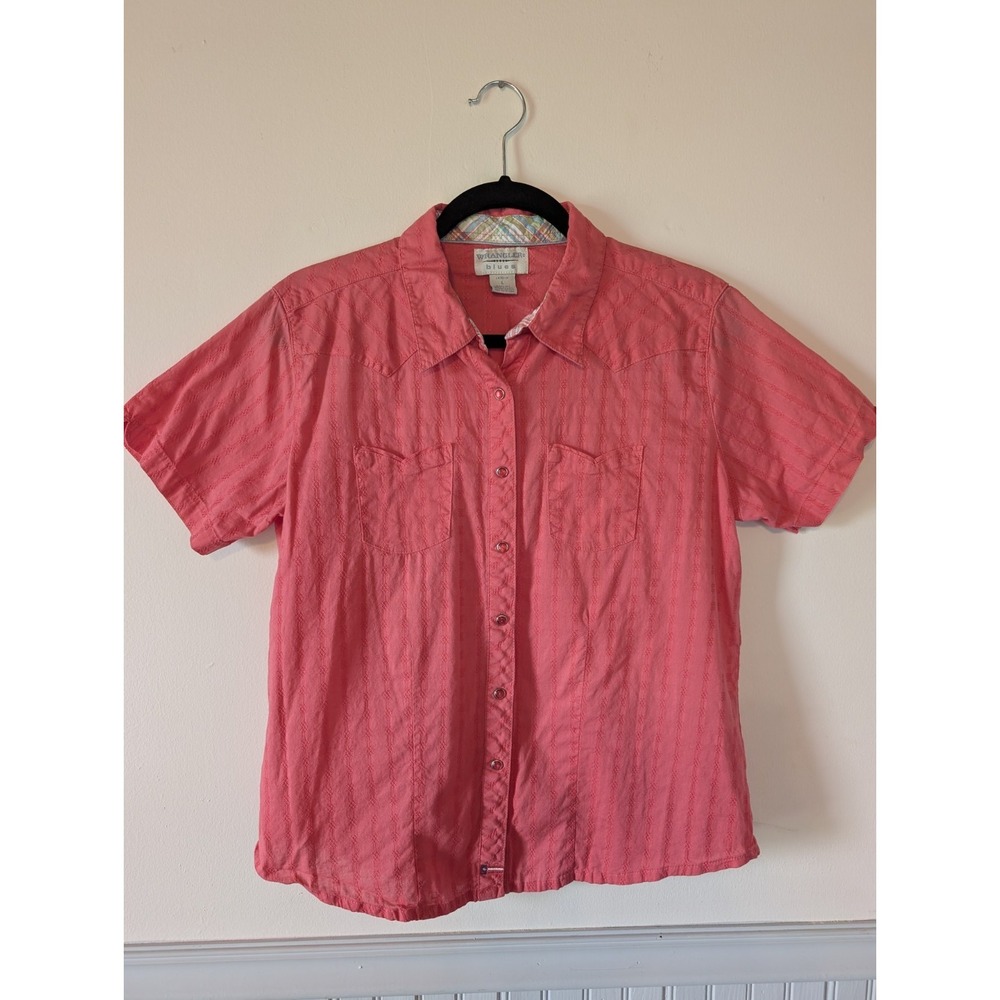 Vintage Wrangler Pearl Snap Shirt Women Large Pink Short Sleeve Western Cowgirl